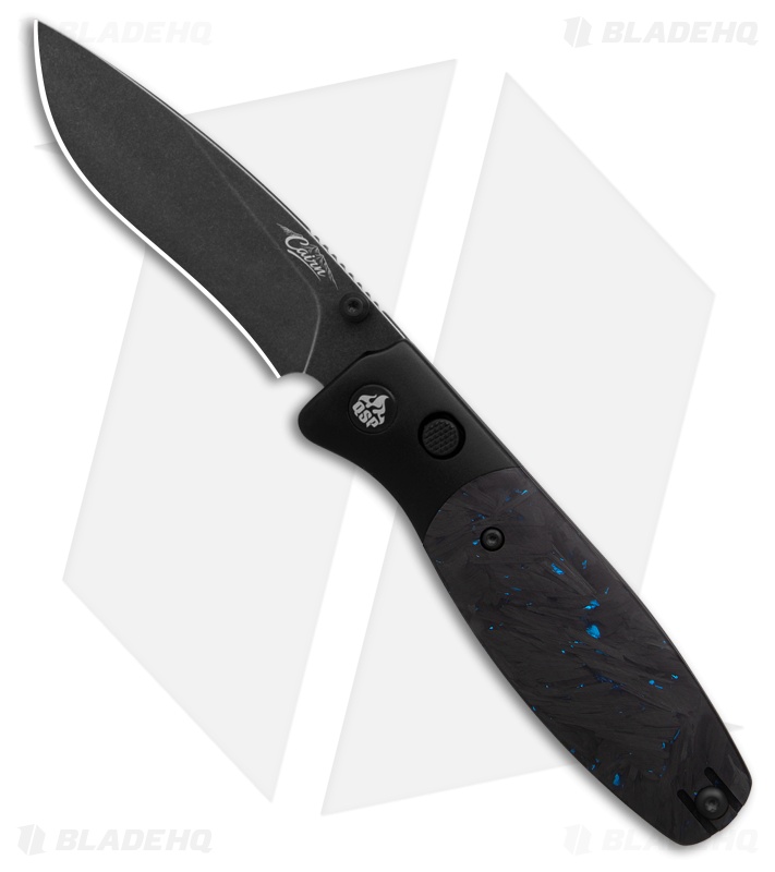 QSP Cairn Button Liner Lock Knife Blue Shredded CF (3.11" Black SW S90V)