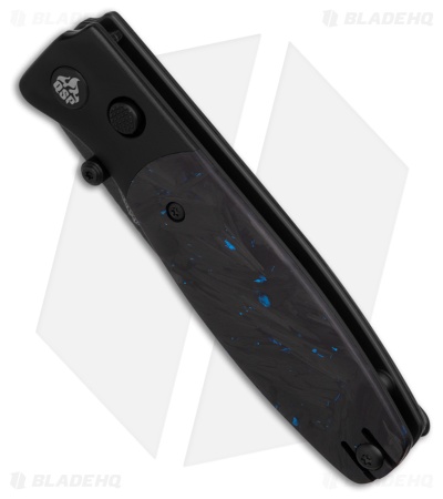QSP Cairn Button Liner Lock Knife Blue Shredded CF (3.11" Black SW S90V)