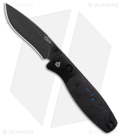 QSP Cairn Button Liner Lock Knife Blue Shredded CF (3.11" Black SW S90V)