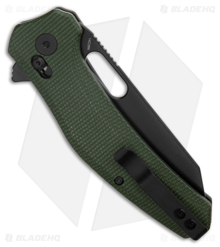 QSP Emu Pocket Knife Green Micarta Wharncliffe Black 14C28N