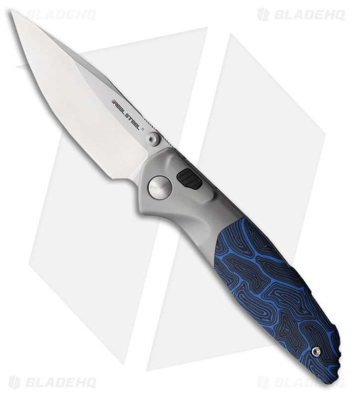 Real Steel Hoeft Button Lock Knife Black/Blue G-Mascus (3.3" Satin)