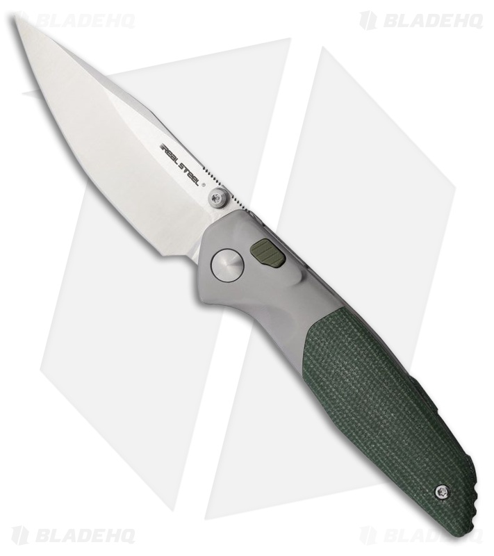 Real Steel Hoeft Button Lock Knife Green Micarta (3.3" Satin)