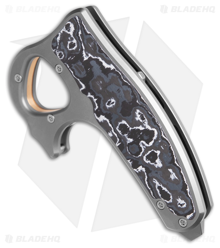 Reate EXO-D Button Lock Knife BB Ti + White Storm FatCarbon (2.7" Belt Satin)