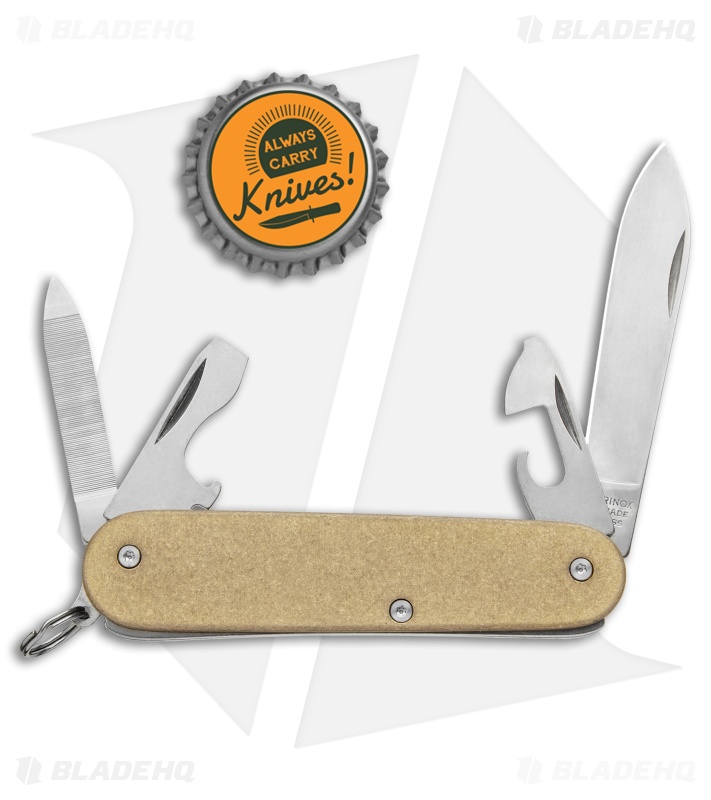Flytanium Flat Brass Scales + Victorinox Cadet 84mm Knife - Blade HQ