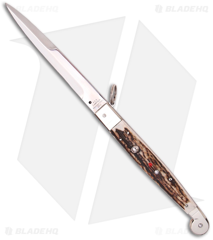 AGA Campolin 12" Sicilian Ring Pull Automatic Knife Stag Horn (5.5" Satin Bayo)