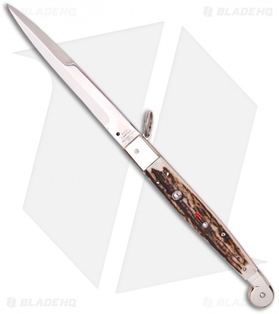 AGA Campolin 12" Sicilian Ring Pull Automatic Knife Stag Horn (5.5" Satin Bayo)
