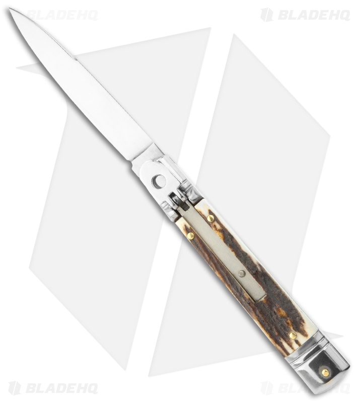 SKM 7.75" Slimline Lever Lock Automatic Knife Stag Horn (3.2" Satin Flat)