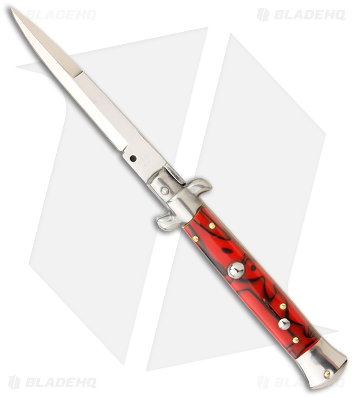 SKM AB 9" Italian Stiletto Automatic Knife Red Swirl (3.8" Satin Bayone)