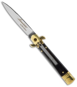 AKC Leverletto  7.75" Lever Lock  Auto Italian Knife Dark Horn (3.2" Satin Flat)