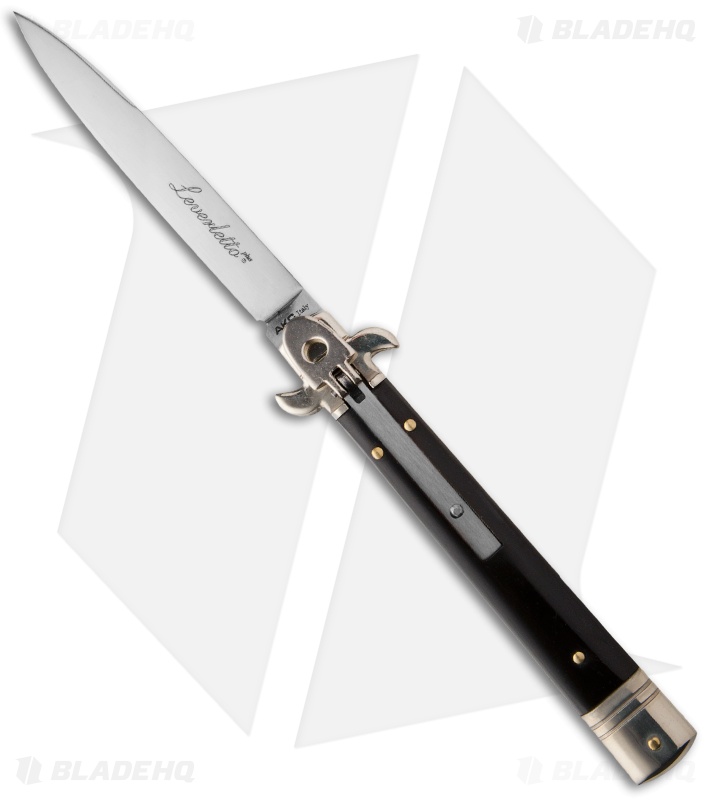 AKC Leverletto  9" Lever Lock  Automatic Italian Knife Dark Horn (4" Satin Flat)