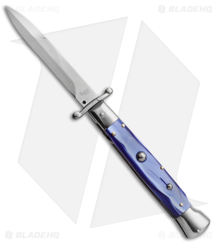 AKC Swinguard 9" Automatic Italian Stiletto Blue Pearlex (4" Satin Bayonet)