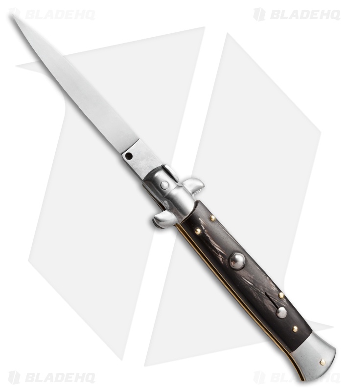 Frank B 9" Italian Stiletto Automatic Knife Sim. Dark Horn (4" Satin Flat)