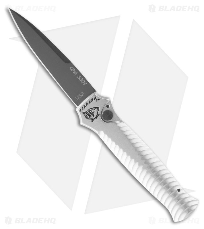 Piranha Mini-Guard Tactical Automatic Knife Silver Aluminum (2.9" Black)