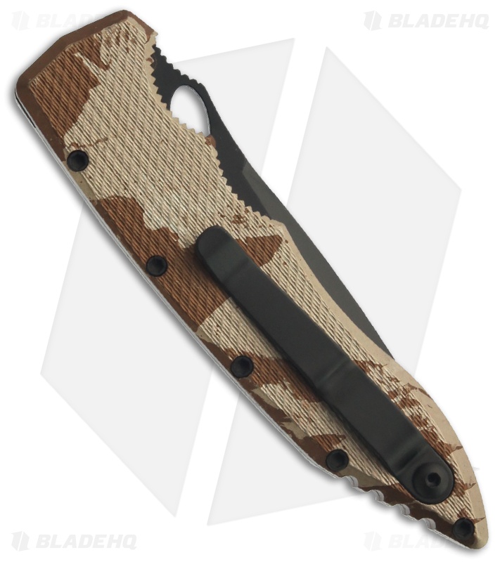 Piranha Mini Predator Desert Camo Tactical Automatic Knife (3.5" Black Serr)