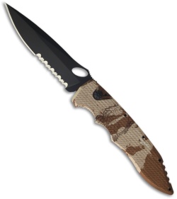 Piranha Mini Predator Desert Camo Tactical Automatic Knife (3.5" Black Serr)