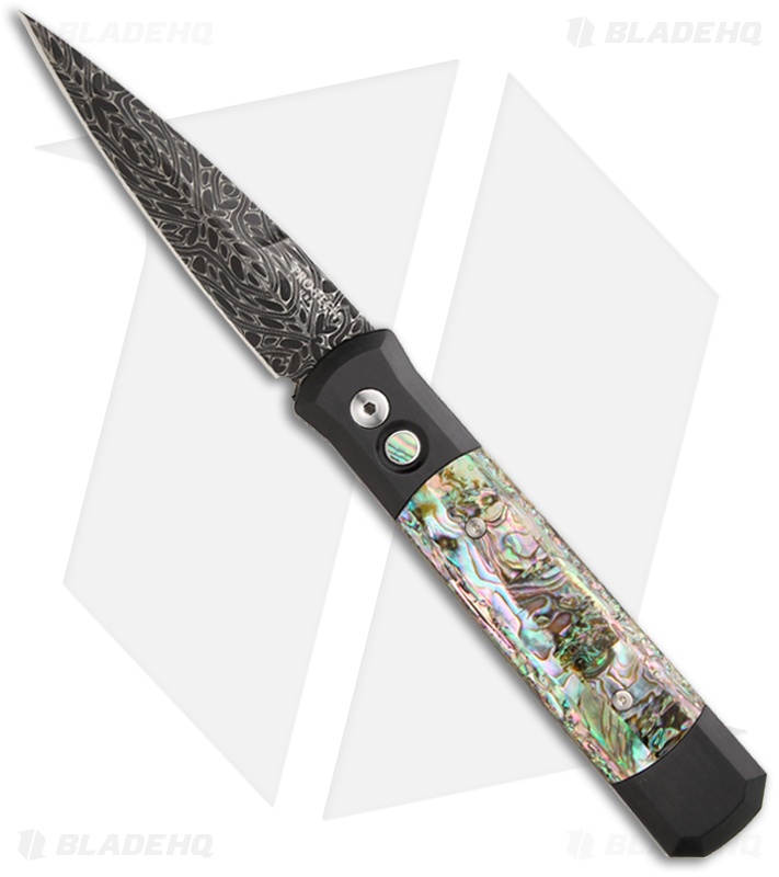 Pro-Tech Custom Godfather Automatic Knife Black w/ Abalone (4" Damascus)