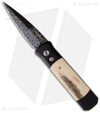 Pro-Tech Damascus Custom Godson Auto Knife w/ Light Mastodon Ivory (3.15" Plain)