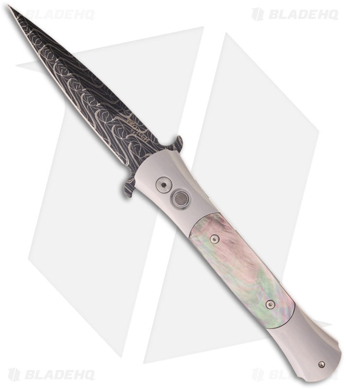 Protech Large Don Custom Steel Automatic Knife Black Lip Pearl (4.5" Damascus)