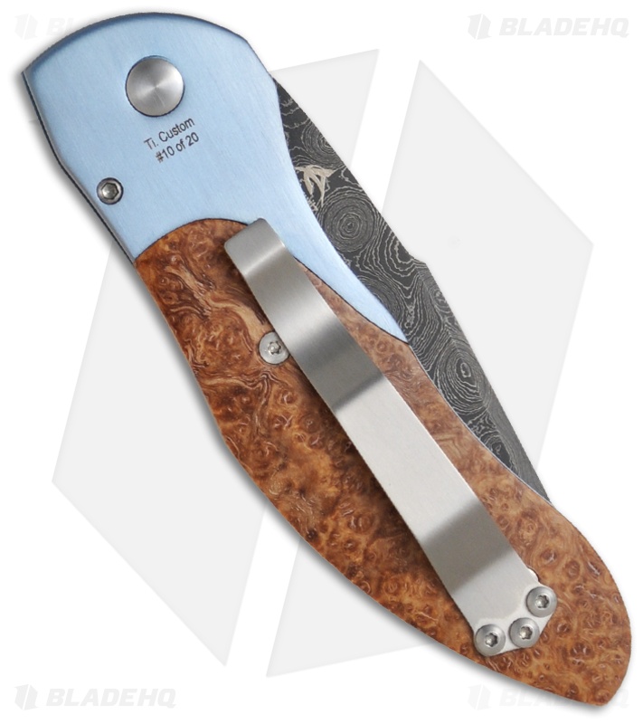 Pro-Tech Knives Custom Doru Knife Titanium w/ Ash Burl Wood (3.5" Damascus)