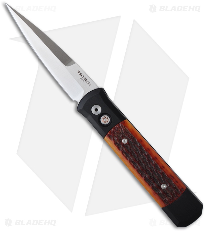 Pro-Tech Godfather Automatic Knife Black w/ Amber Jig Bone (4" Satin) 961