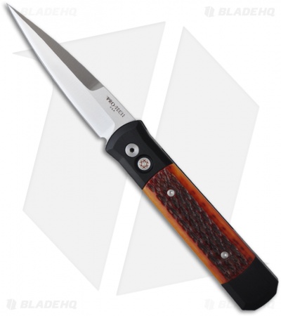 Pro-Tech Godfather Automatic Knife Black w/ Amber Jig Bone (4" Satin) 961