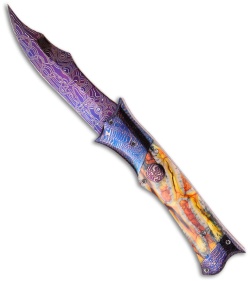 Rainy Vallotton Custom Phoenix Automatic Knife Yellow Molar (Damascus)