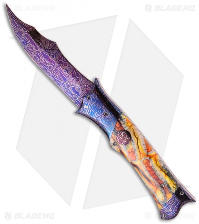 Rainy Vallotton Custom Phoenix Automatic Knife Yellow Molar (Damascus)