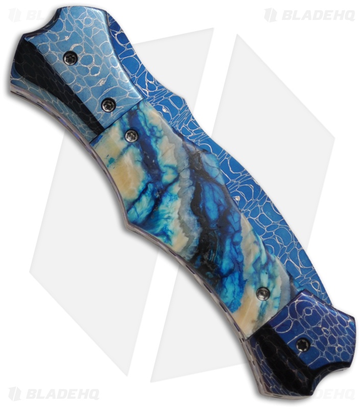 Brandon Vallotton Custom Small Satis Automatic Knife w/ Blue Molar (Damascus)