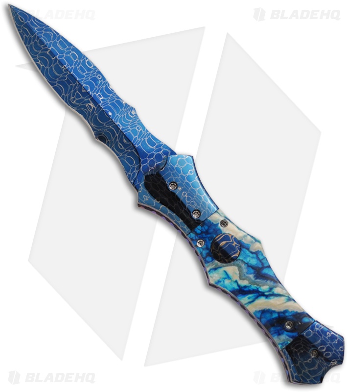 Brandon Vallotton Custom Small Satis Automatic Knife w/ Blue Molar (Damascus)