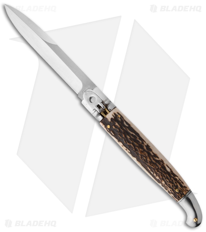 SKM 9.5" Fancy Lever Lock Automatic Knife Stag Horn (4" Satin Bayo)